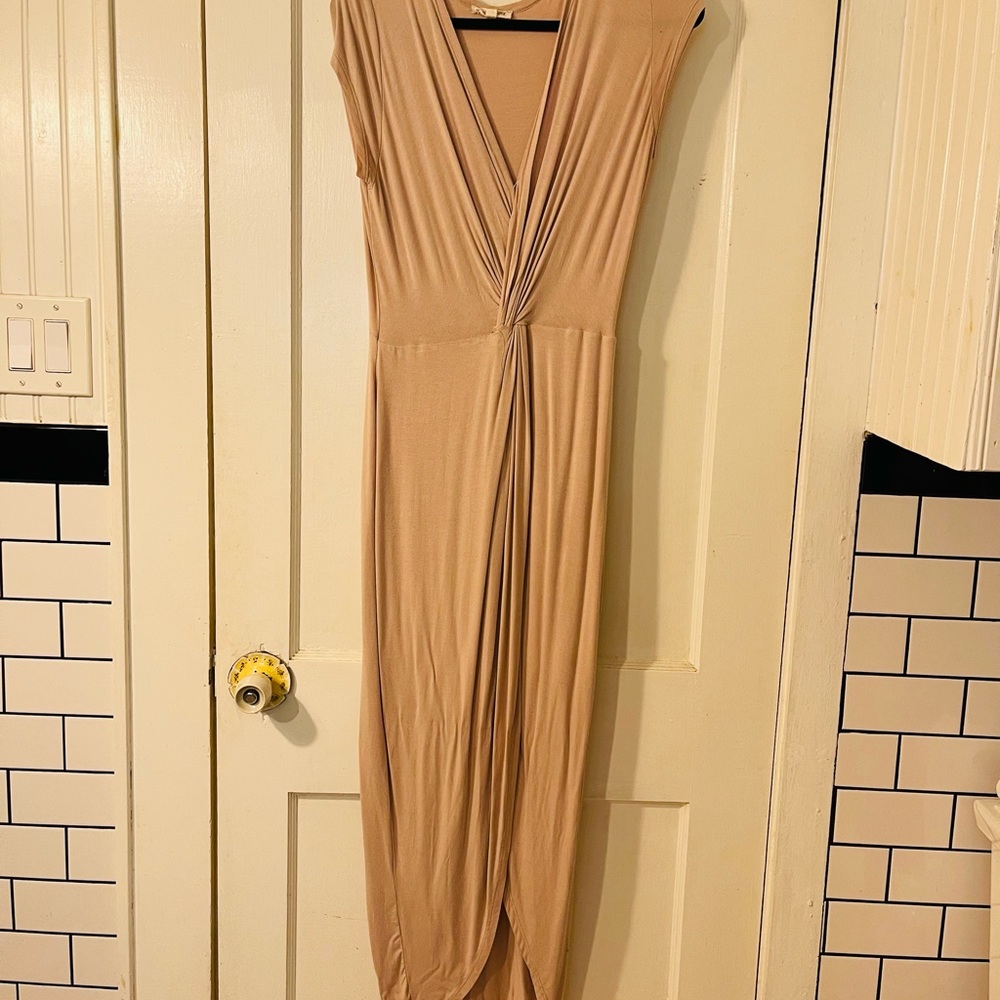 Khaki colored floor length thigh high split dress